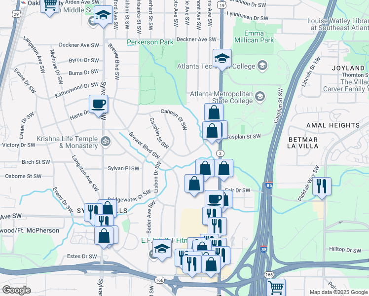 map of restaurants, bars, coffee shops, grocery stores, and more near 1783 Cahoon Street Southwest in Atlanta