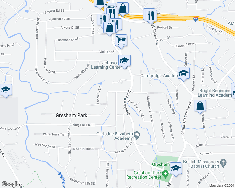 map of restaurants, bars, coffee shops, grocery stores, and more near 2033 Boulderview Drive Southeast in Atlanta