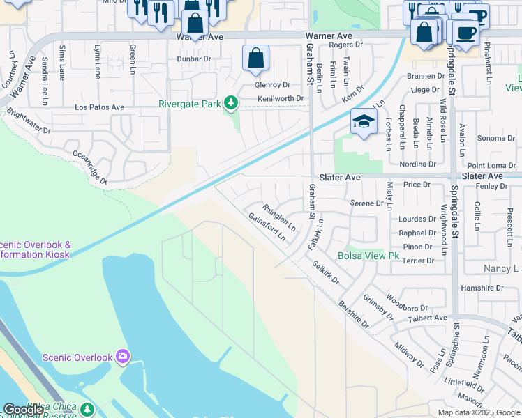 map of restaurants, bars, coffee shops, grocery stores, and more near 17612 Rainglen Lane in Huntington Beach