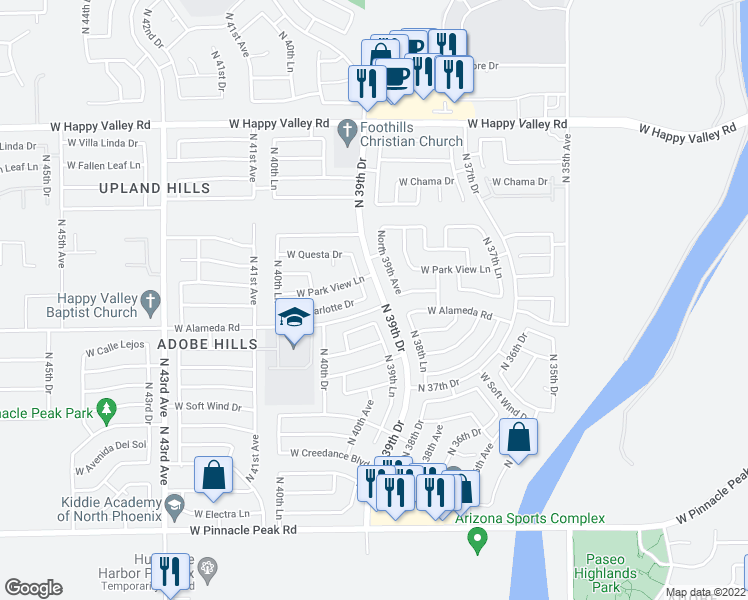 map of restaurants, bars, coffee shops, grocery stores, and more near 24207 North 39th Lane in Glendale
