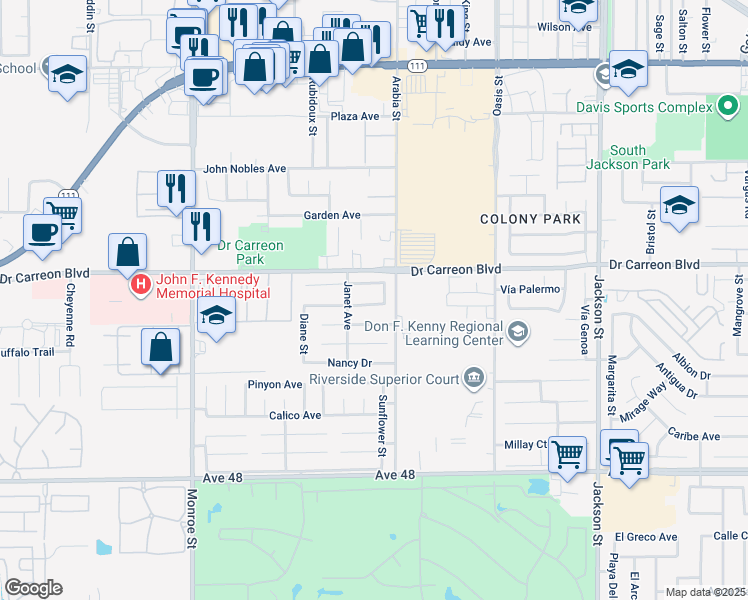 map of restaurants, bars, coffee shops, grocery stores, and more near 82474 Deborah Drive in Indio