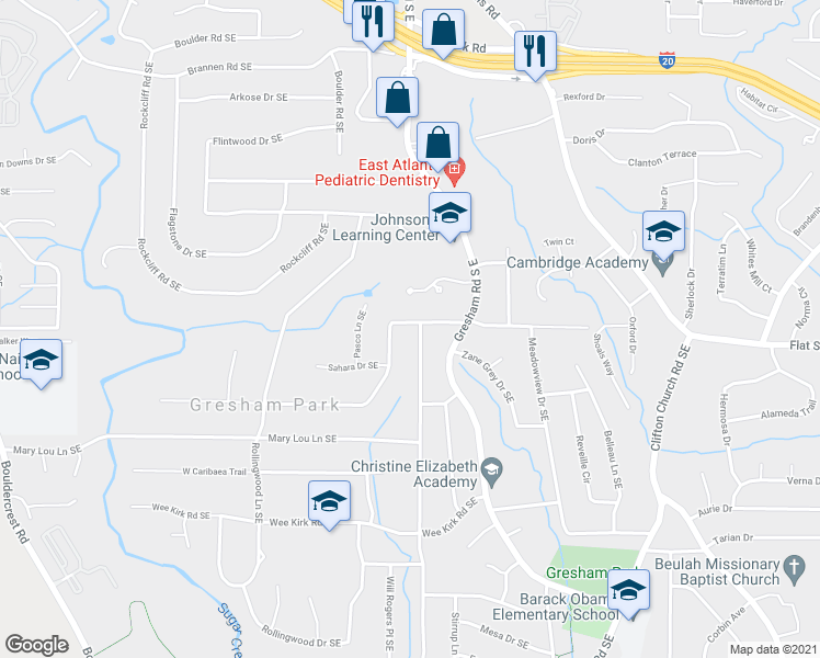 map of restaurants, bars, coffee shops, grocery stores, and more near 2015 Boulderview Drive Southeast in Atlanta