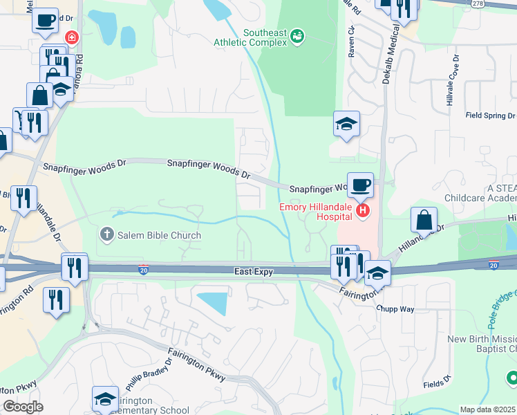 map of restaurants, bars, coffee shops, grocery stores, and more near 2690 Stonekey Bend in Lithonia