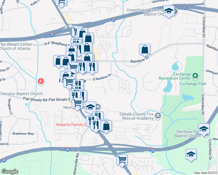 map of restaurants, bars, coffee shops, grocery stores, and more near 1541 Eastern Sunrise Lane in Decatur