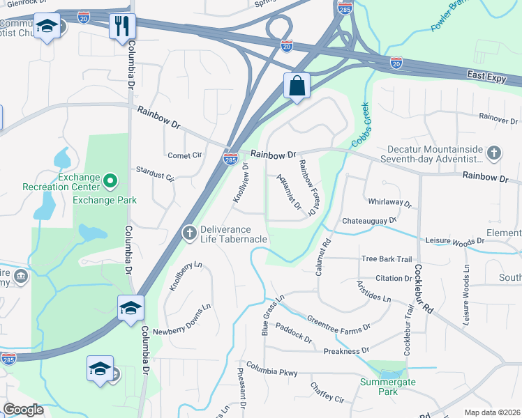map of restaurants, bars, coffee shops, grocery stores, and more near 2739 Rainbow Ridge Road in Decatur