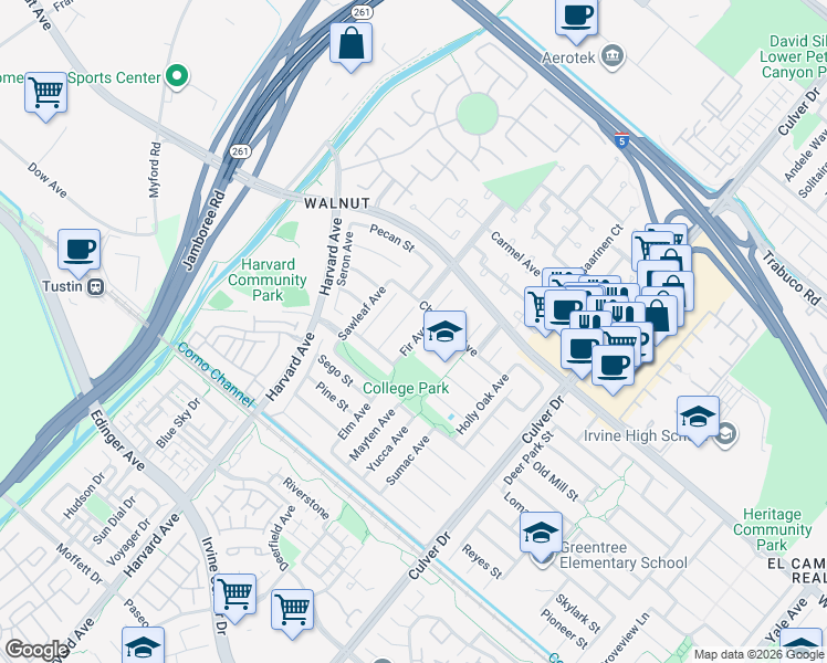 map of restaurants, bars, coffee shops, grocery stores, and more near 14631 Fir Avenue in Irvine