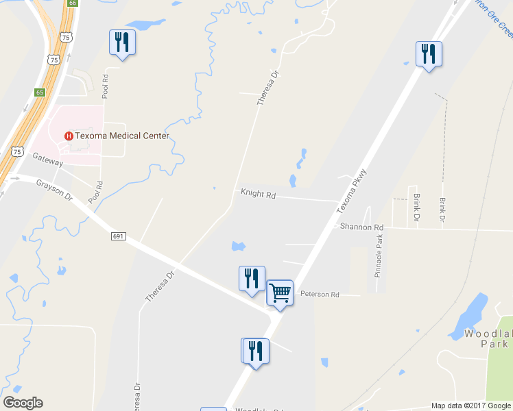 map of restaurants, bars, coffee shops, grocery stores, and more near 2330 Knight Road in Denison