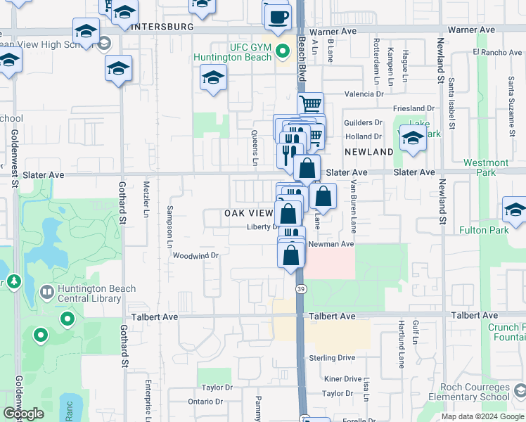 map of restaurants, bars, coffee shops, grocery stores, and more near 7852 Speer Drive in Huntington Beach