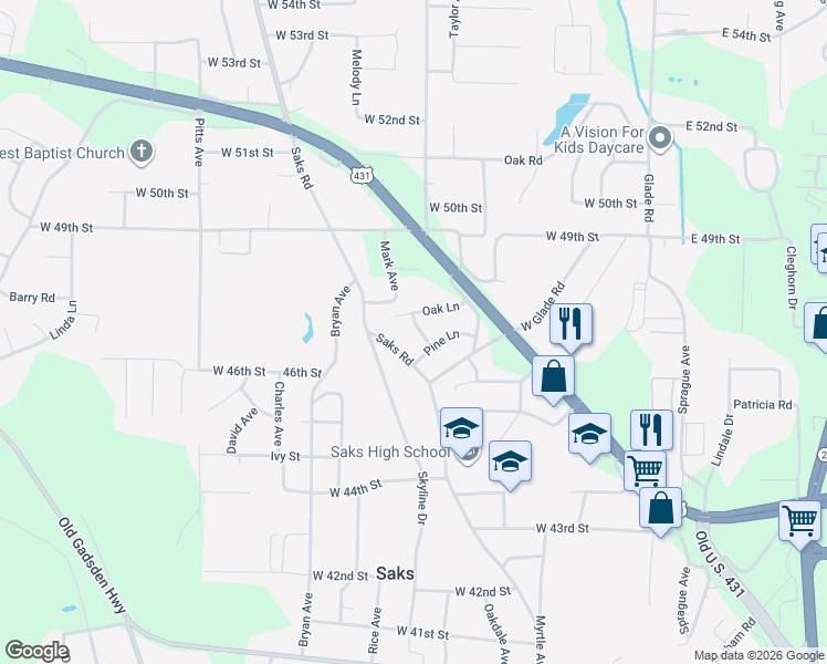 map of restaurants, bars, coffee shops, grocery stores, and more near 4620 Hickory Lane in Anniston