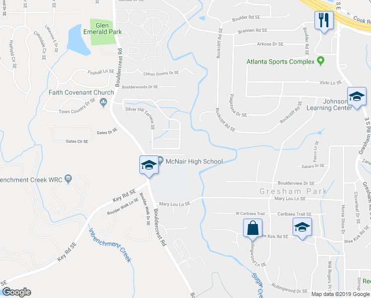 map of restaurants, bars, coffee shops, grocery stores, and more near 2926 Silver Hill Terrace Southeast in Atlanta