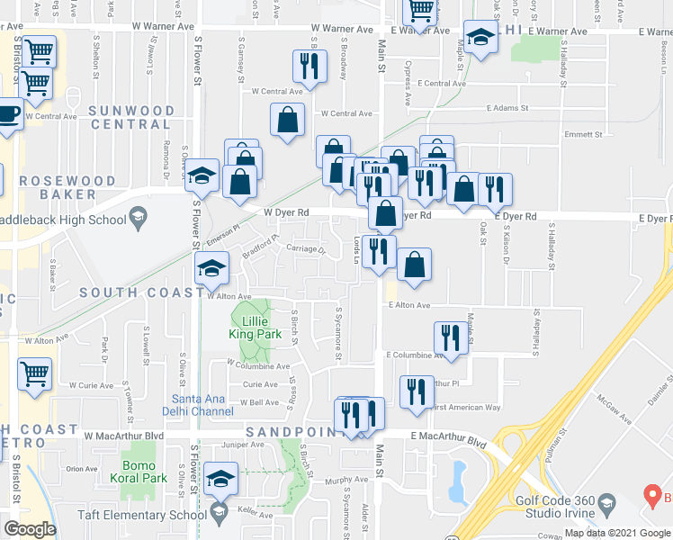 map of restaurants, bars, coffee shops, grocery stores, and more near 110E Knave Place in Santa Ana