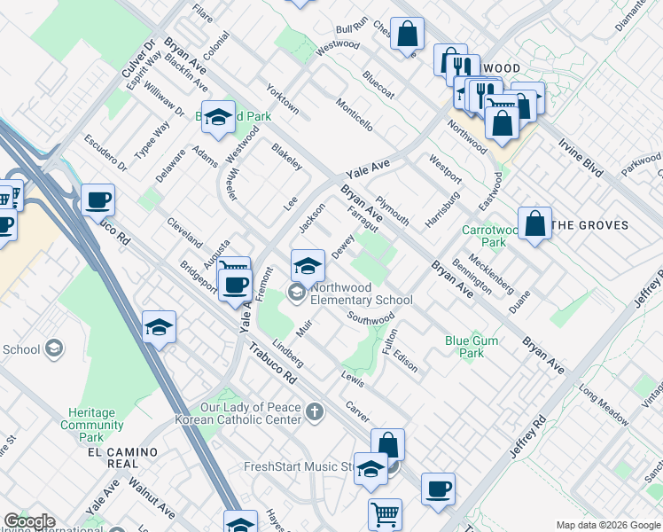 map of restaurants, bars, coffee shops, grocery stores, and more near 2 Clay in Irvine