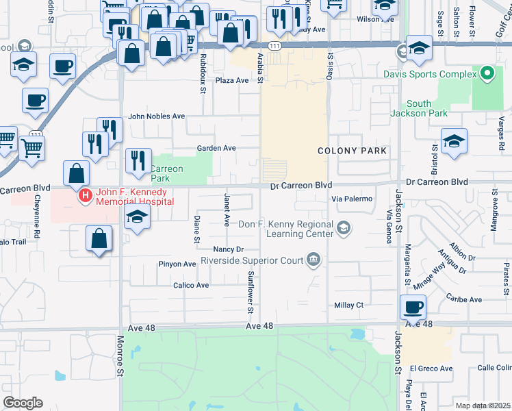 map of restaurants, bars, coffee shops, grocery stores, and more near 82474 Deborah Drive in Indio