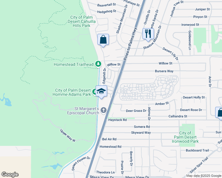 map of restaurants, bars, coffee shops, grocery stores, and more near 72667 Raven Road in Palm Desert