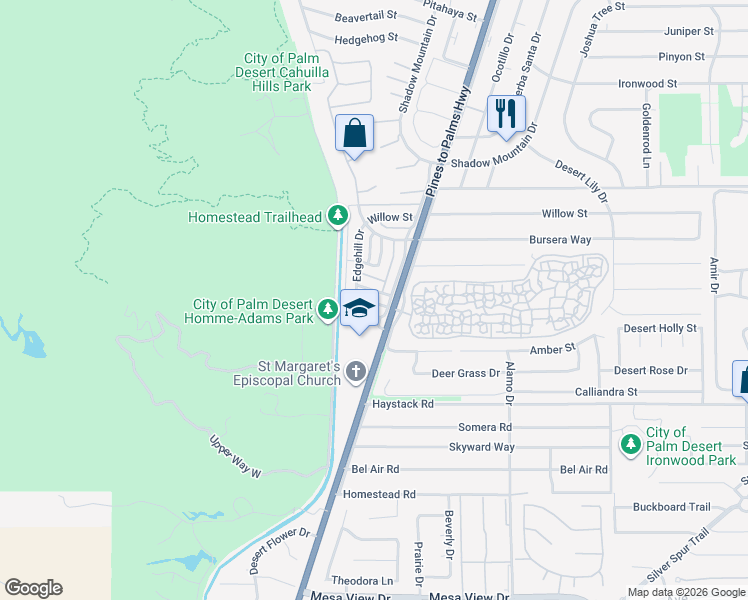 map of restaurants, bars, coffee shops, grocery stores, and more near 72667 Raven Road in Palm Desert