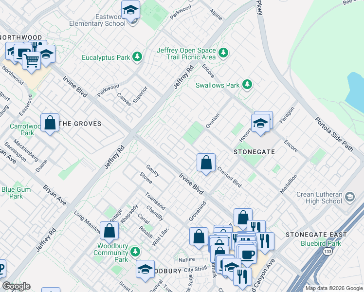 map of restaurants, bars, coffee shops, grocery stores, and more near 116 Oasis in Irvine