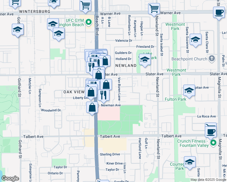 map of restaurants, bars, coffee shops, grocery stores, and more near 17641 Sergio Circle in Huntington Beach