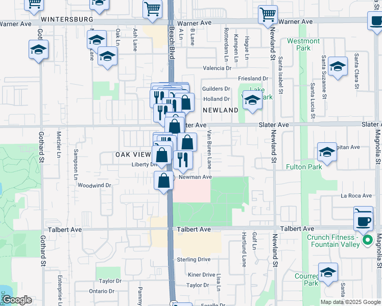 map of restaurants, bars, coffee shops, grocery stores, and more near 17641 Sergio Circle in Huntington Beach
