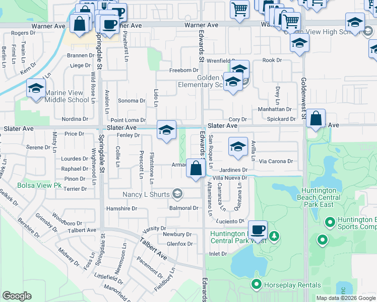 map of restaurants, bars, coffee shops, grocery stores, and more near 6371 Armada Drive in Huntington Beach