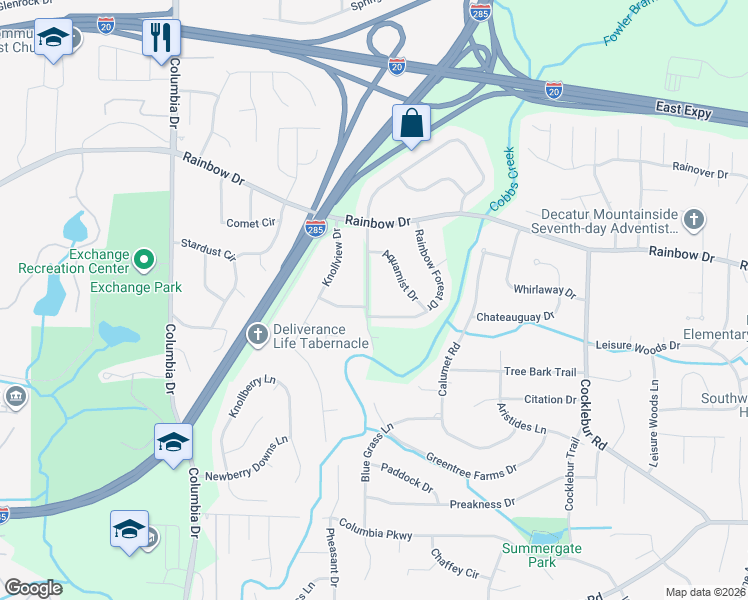 map of restaurants, bars, coffee shops, grocery stores, and more near 2739 Rainbow Ridge Road in Decatur