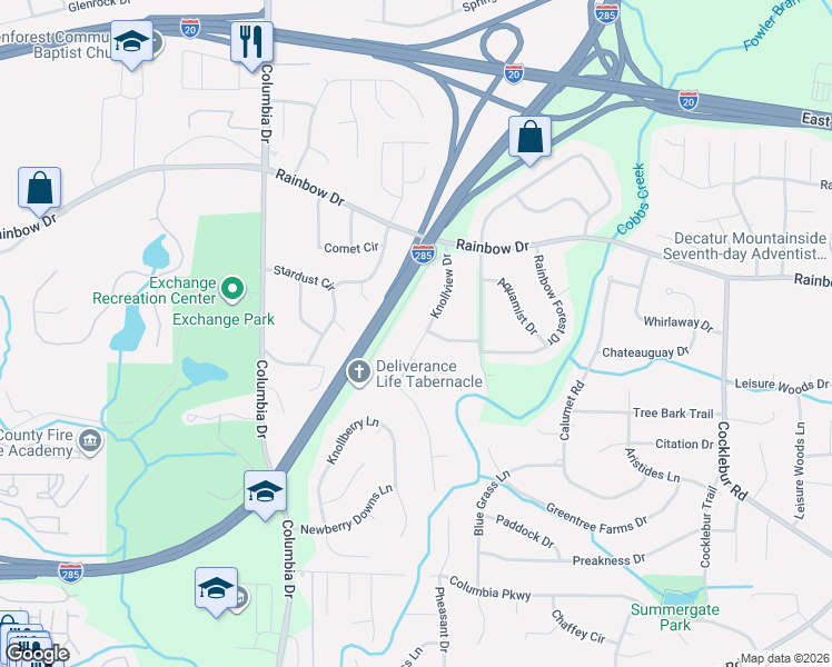 map of restaurants, bars, coffee shops, grocery stores, and more near 2734 Knollview Drive in Decatur