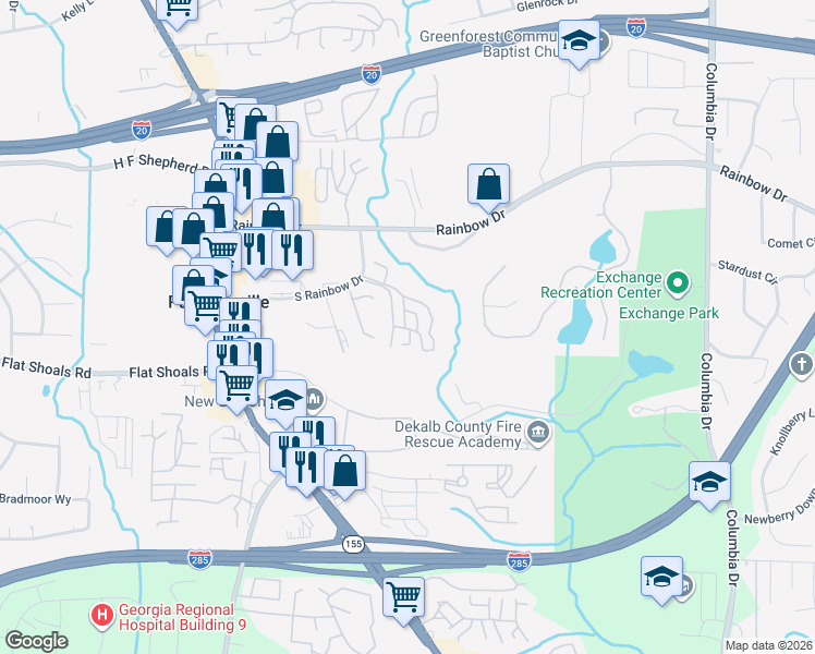 map of restaurants, bars, coffee shops, grocery stores, and more near 3105 Rainbow Forest Circle in Decatur