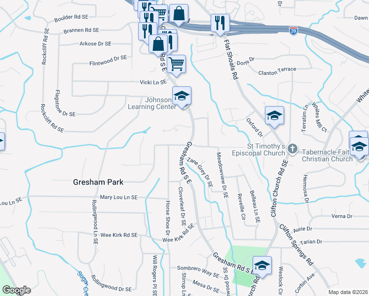 map of restaurants, bars, coffee shops, grocery stores, and more near 2047 Boulderview Drive Southeast in Atlanta