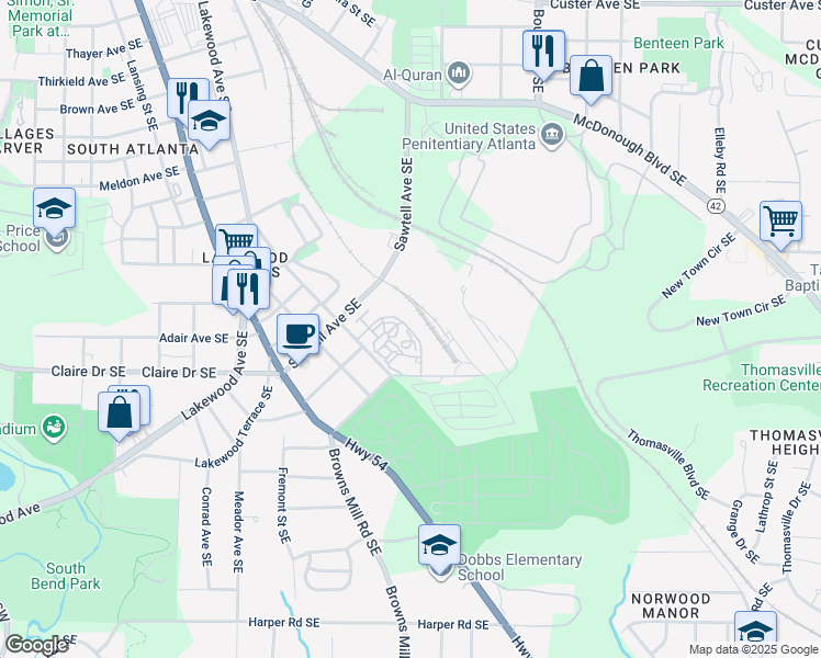 map of restaurants, bars, coffee shops, grocery stores, and more near 1770 Richmond Avenue Southeast in Atlanta