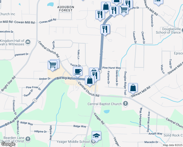 map of restaurants, bars, coffee shops, grocery stores, and more near 5989 Zane Court in Douglasville