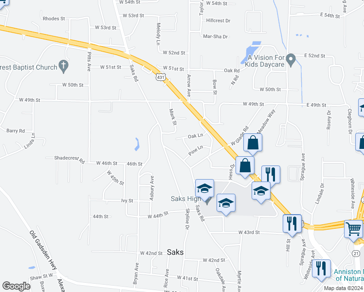 map of restaurants, bars, coffee shops, grocery stores, and more near 4620 Hickory Lane in Anniston