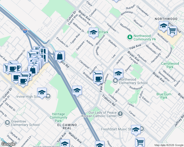 map of restaurants, bars, coffee shops, grocery stores, and more near 43 Augusta in Irvine