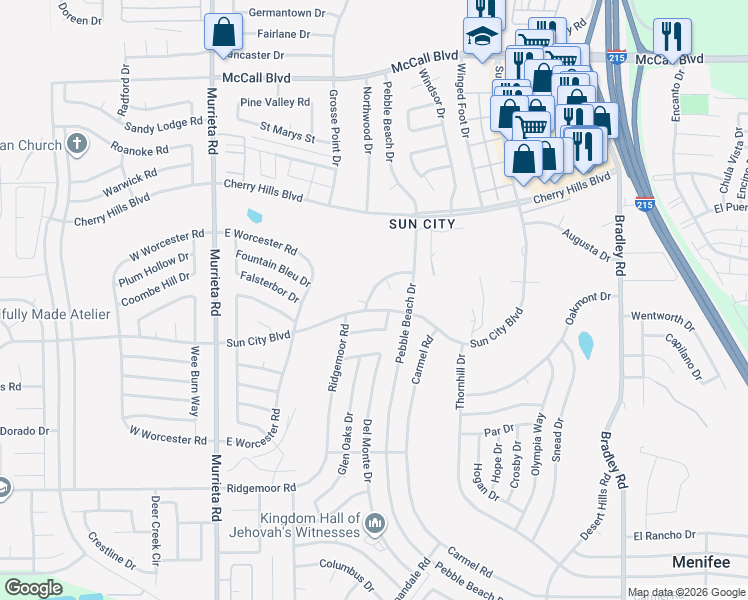 map of restaurants, bars, coffee shops, grocery stores, and more near 26391 Cedar Crest Drive in Menifee
