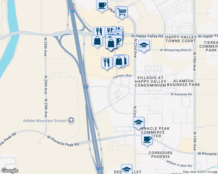 map of restaurants, bars, coffee shops, grocery stores, and more near West Questa Drive in Phoenix
