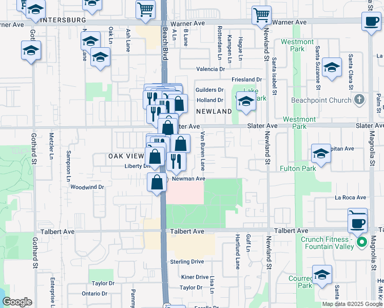 map of restaurants, bars, coffee shops, grocery stores, and more near 17641 Sergio Circle in Huntington Beach