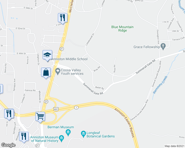 map of restaurants, bars, coffee shops, grocery stores, and more near 3731 Belair Road in Anniston
