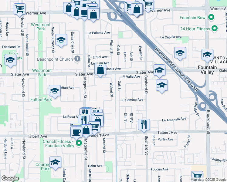 map of restaurants, bars, coffee shops, grocery stores, and more near 17648 Walnut Street in Fountain Valley