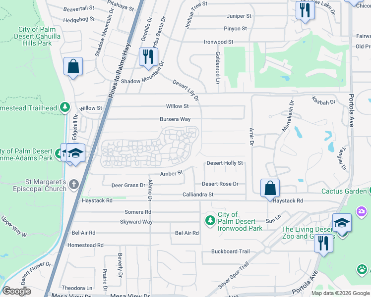 map of restaurants, bars, coffee shops, grocery stores, and more near 73242 Don Budge Lane in Palm Desert