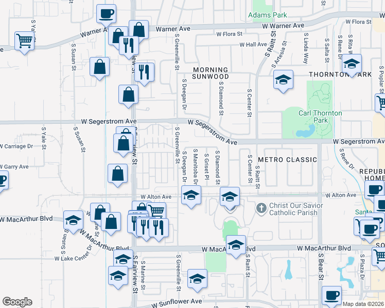 map of restaurants, bars, coffee shops, grocery stores, and more near 3018 South Manitoba Drive in Santa Ana