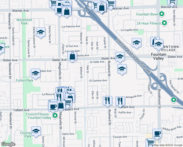 map of restaurants, bars, coffee shops, grocery stores, and more near 17649 Locust Street in Fountain Valley