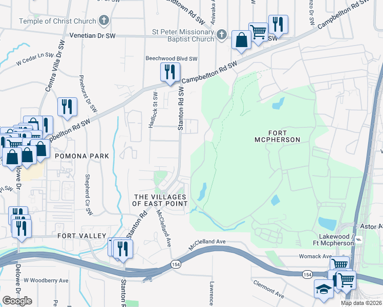 map of restaurants, bars, coffee shops, grocery stores, and more near 1776 Stanton Road Southwest in Atlanta