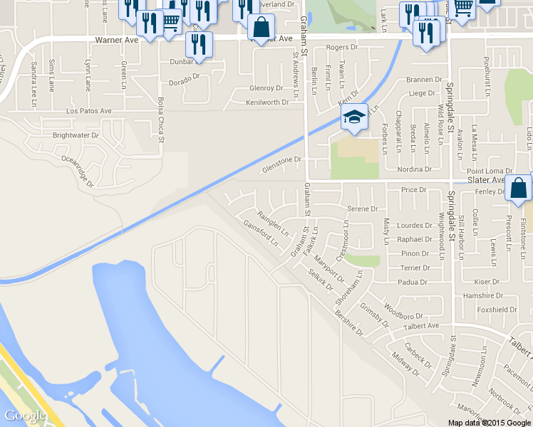 map of restaurants, bars, coffee shops, grocery stores, and more near 17612 Rainglen Lane in Huntington Beach
