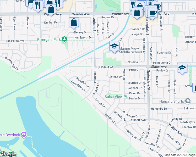 map of restaurants, bars, coffee shops, grocery stores, and more near 5521 Ridgebury Drive in Huntington Beach