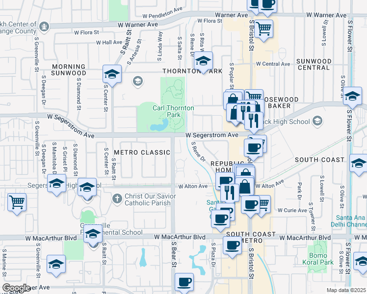 map of restaurants, bars, coffee shops, grocery stores, and more near 3017 South Thornton Street in Santa Ana