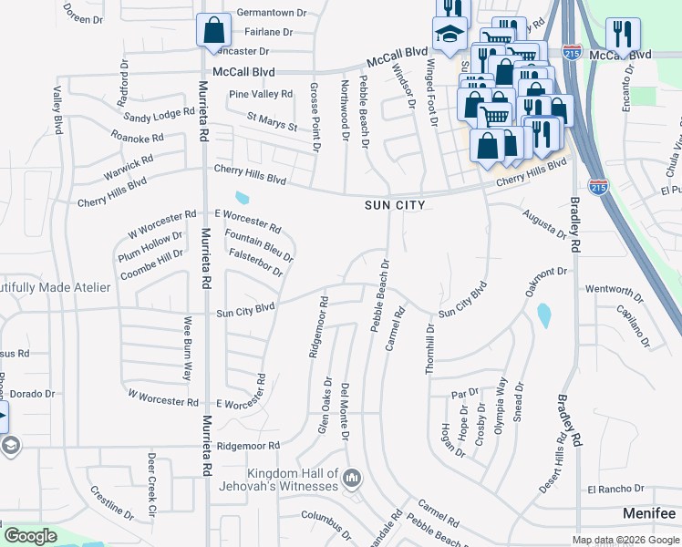 map of restaurants, bars, coffee shops, grocery stores, and more near 26380 Cedar Crest Drive in Menifee