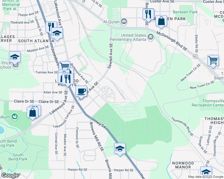 map of restaurants, bars, coffee shops, grocery stores, and more near 1770 Richmond Avenue Southeast in Atlanta