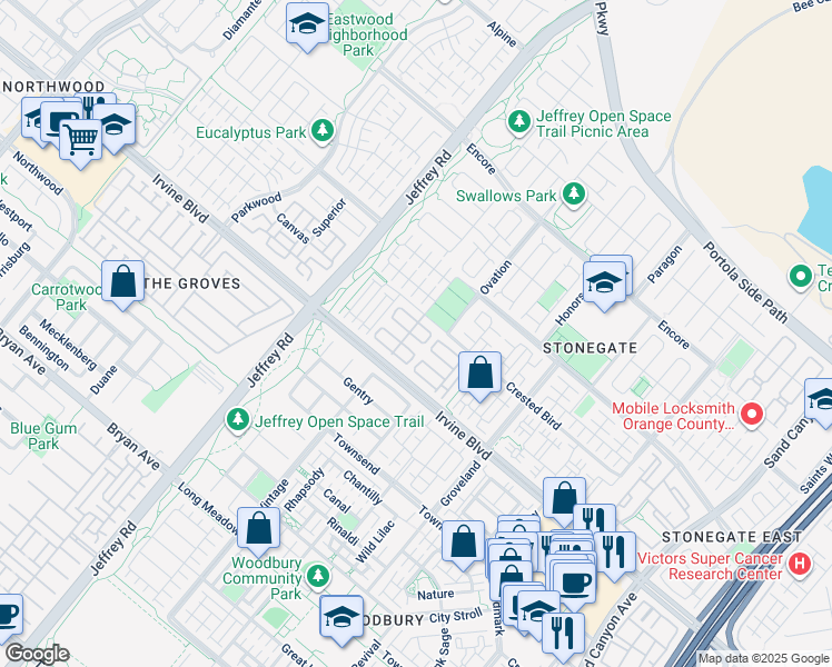 map of restaurants, bars, coffee shops, grocery stores, and more near 116 Oasis in Irvine