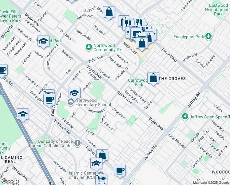 map of restaurants, bars, coffee shops, grocery stores, and more near 20 Longstreet in Irvine