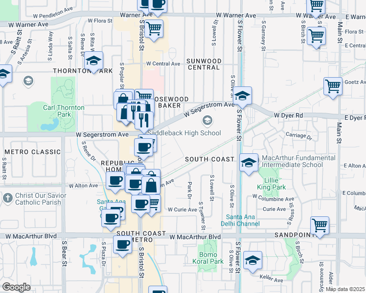 map of restaurants, bars, coffee shops, grocery stores, and more near 3017 South Rosewood Avenue in Santa Ana