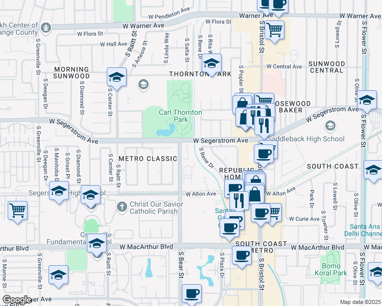 map of restaurants, bars, coffee shops, grocery stores, and more near 3017 South Thornton Street in Santa Ana