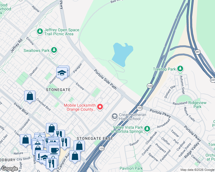 map of restaurants, bars, coffee shops, grocery stores, and more near 55 Sherwood in Irvine